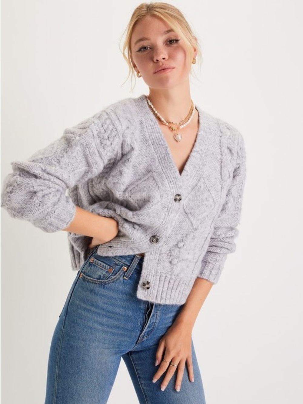 NWOT Lulus Adorable Comfort Heather Grey Cable Knit Cardigan Sweater Size M